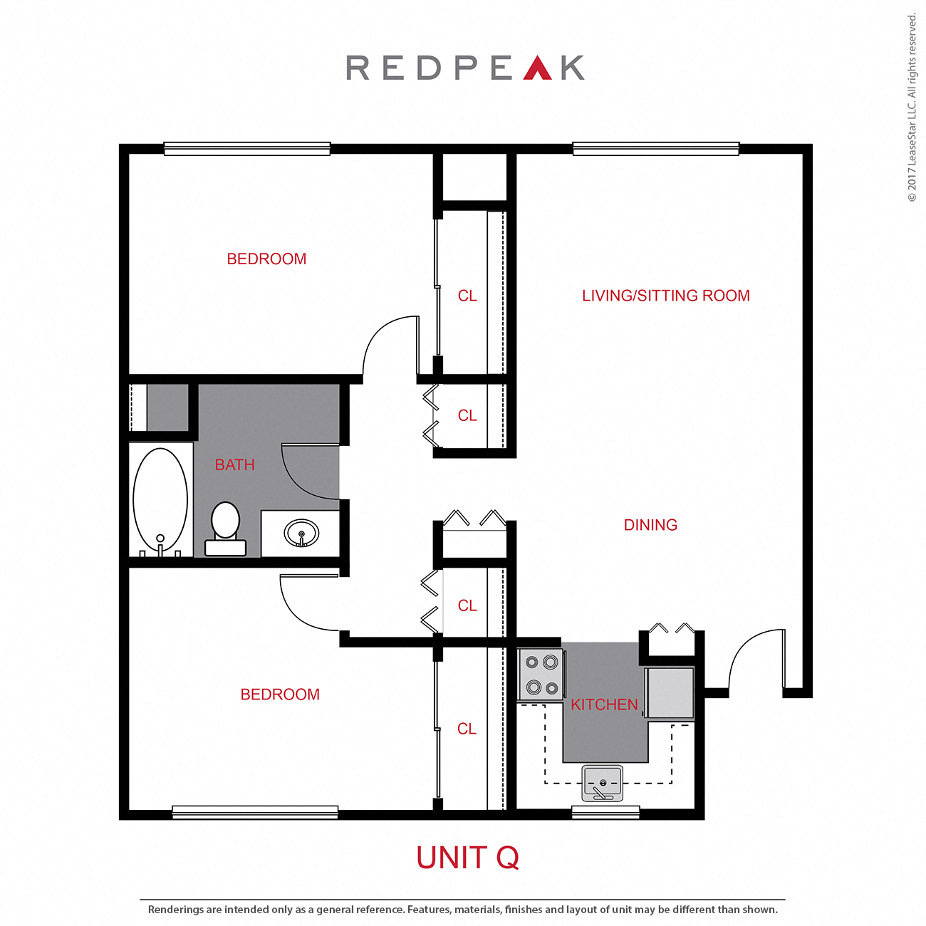 Floor plan for 2 beds, 1 bath, 905 sqft